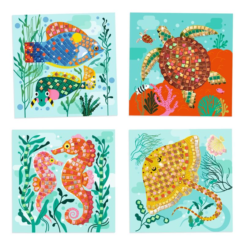 Four colorful illustrations of sea creatures on a white background