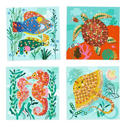 Four colorful illustrations of sea creatures on a white background