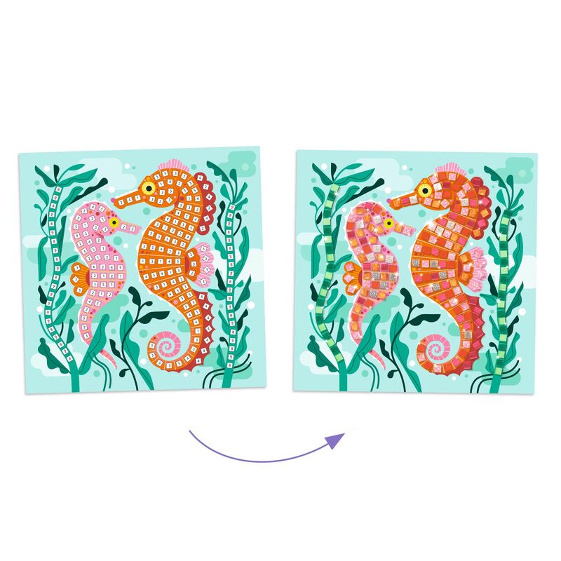 Two colorful seahorse designs on a light blue background with green seaweed.