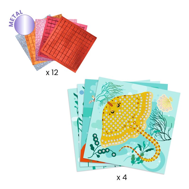 Packaging of metal sheets and diamond painting cards with a yellow fish design on a white background.