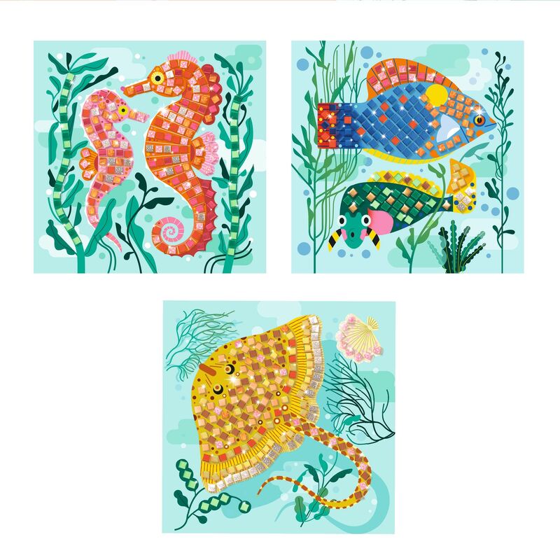 Set of three colorful illustrations of sea creatures on a light blue background with green seaweed.