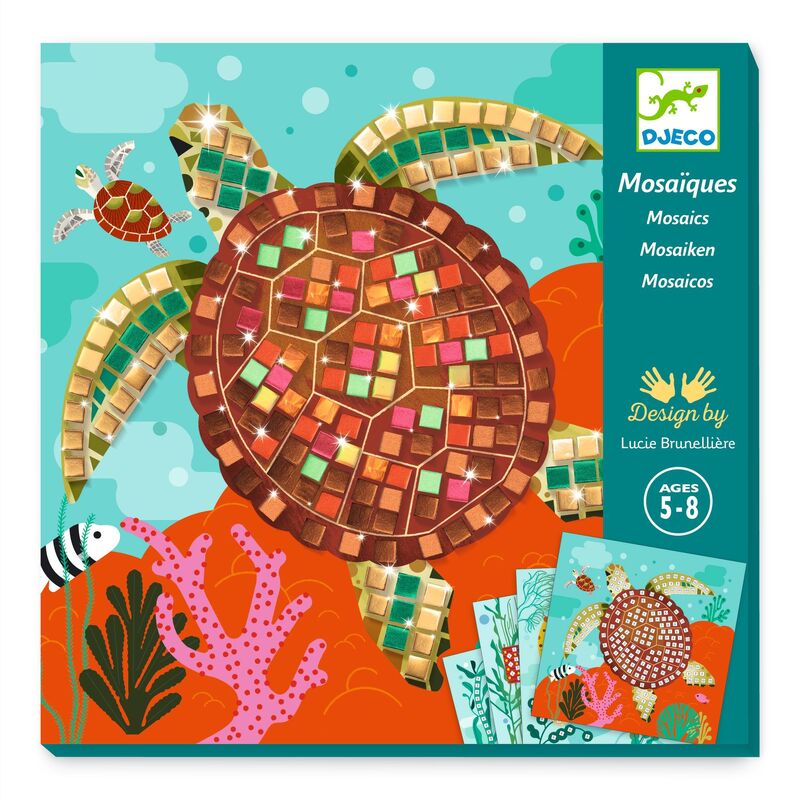 Tortoise mosaic art kit packaging with colorful design and Djeco branding