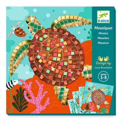 Tortoise mosaic art kit packaging with colorful design and Djeco branding