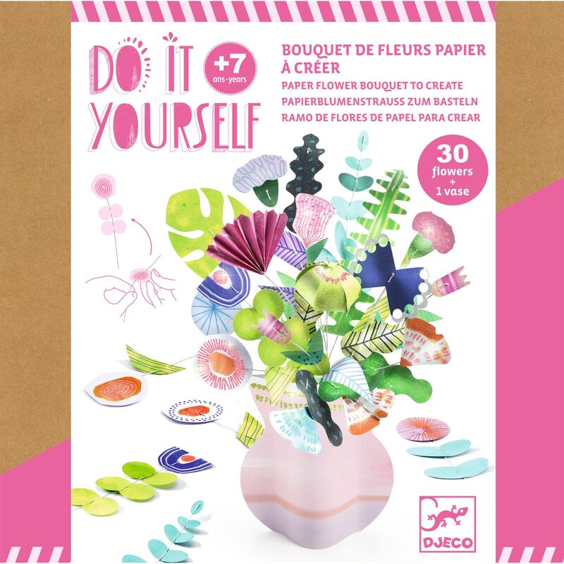 Packaging of 'Do It Yourself' paper flowers and vase.