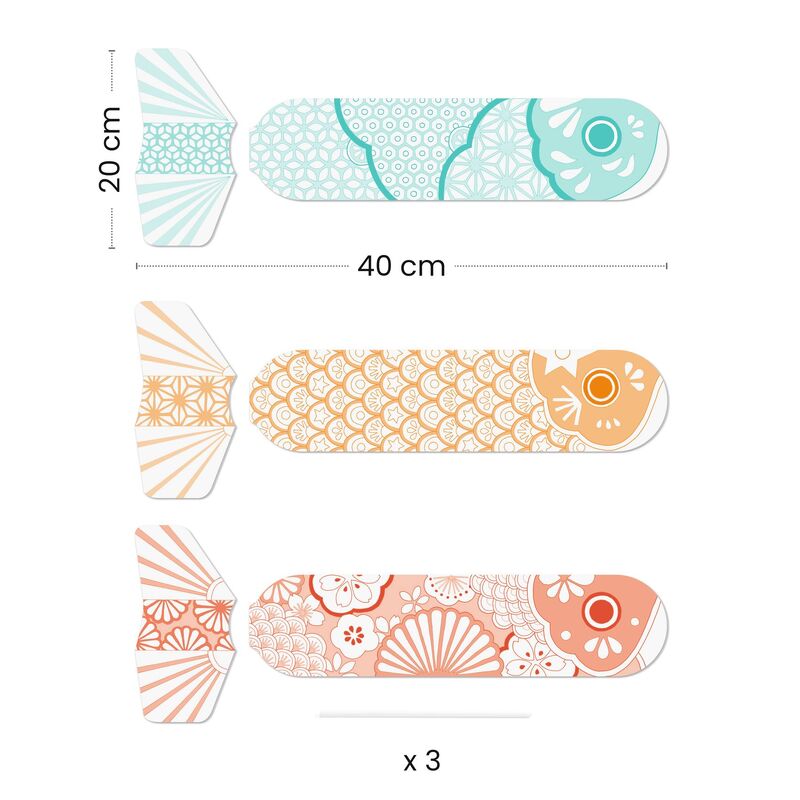 Decorative fish-shaped items with patterns and measurements on a white background