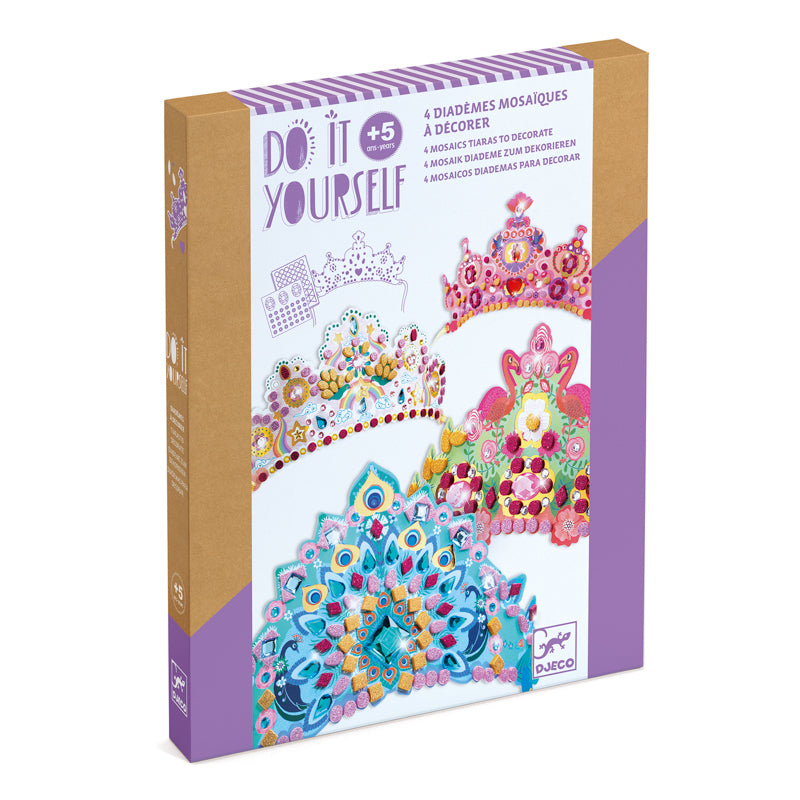 Boxed craft kit for making mosaic crowns with colorful designs on a white background
