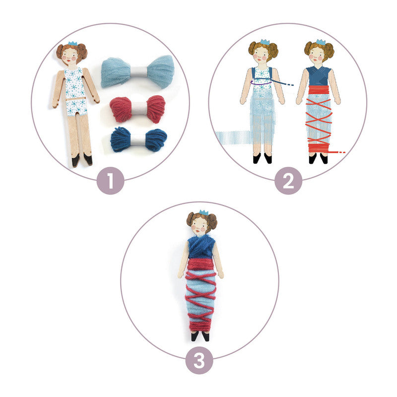 Instructional diagram showing how to dress dolls on a white background.