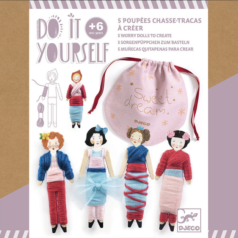 Packaging of 'Do It Yourself' dolls with illustrations and a drawstring bag on a white background.