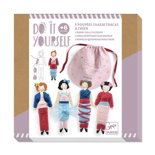 Packaging of 'Do It Yourself' dolls with illustrations and a drawstring bag on a white background.
