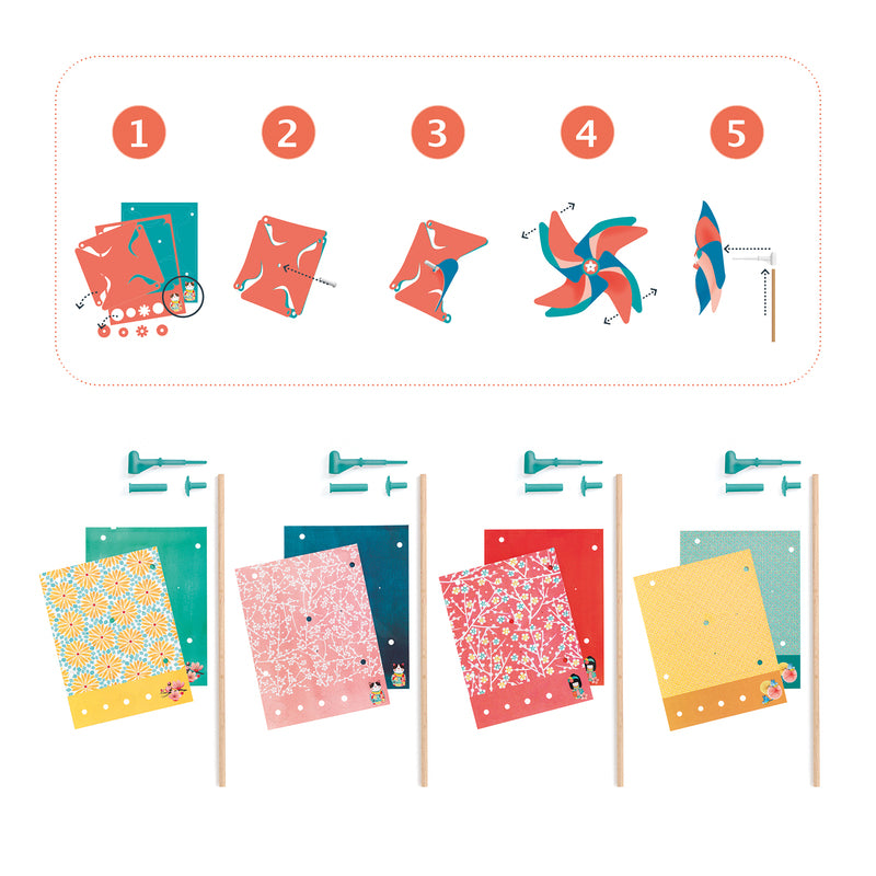 Contents and instructions for creating windmills on a white background.