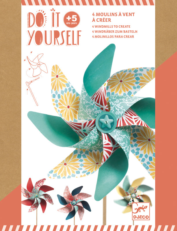 Packaging of 'Do It Yourself' windmills with illustrations.