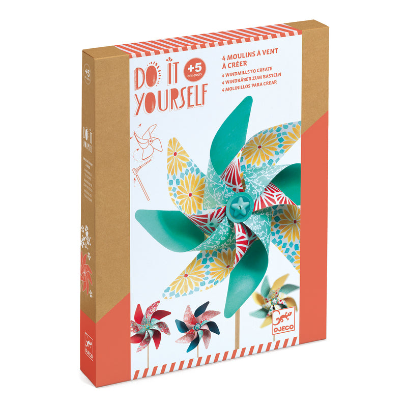 Packaging of 'Do It Yourself' windmills with illustrations on a white background.