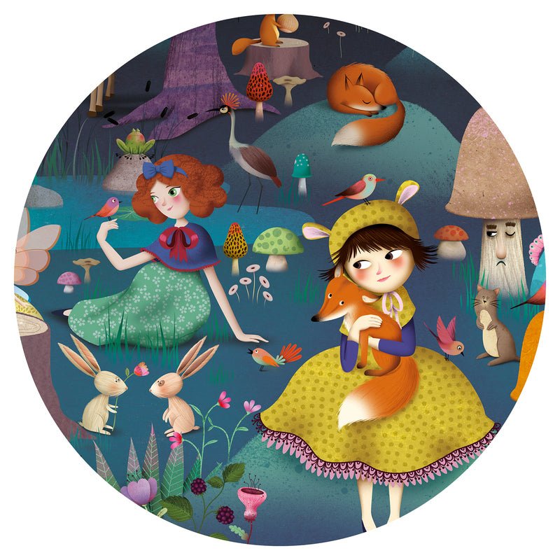 Illustration of a girl with a fox in a forest setting