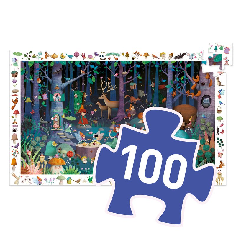 Jigsaw puzzle with a forest scene and a piece labeled '100'.