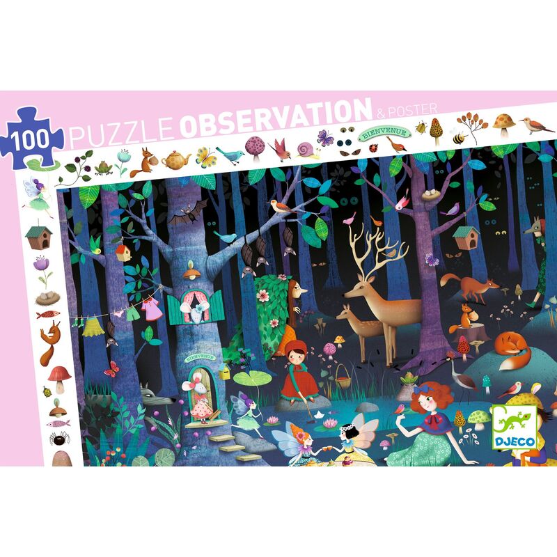 Children's puzzle with forest scene featuring animals and fairies, brand 'Djeco' visible.