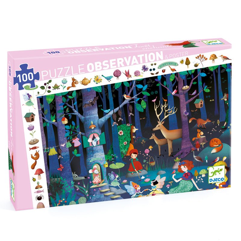 Puzzle box with forest design and colorful illustrations on a white background