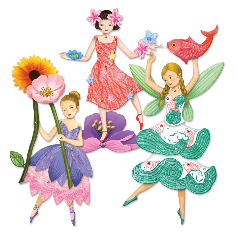 Colorful paper dolls of fairies and mermaids with flowers and fish on a white background