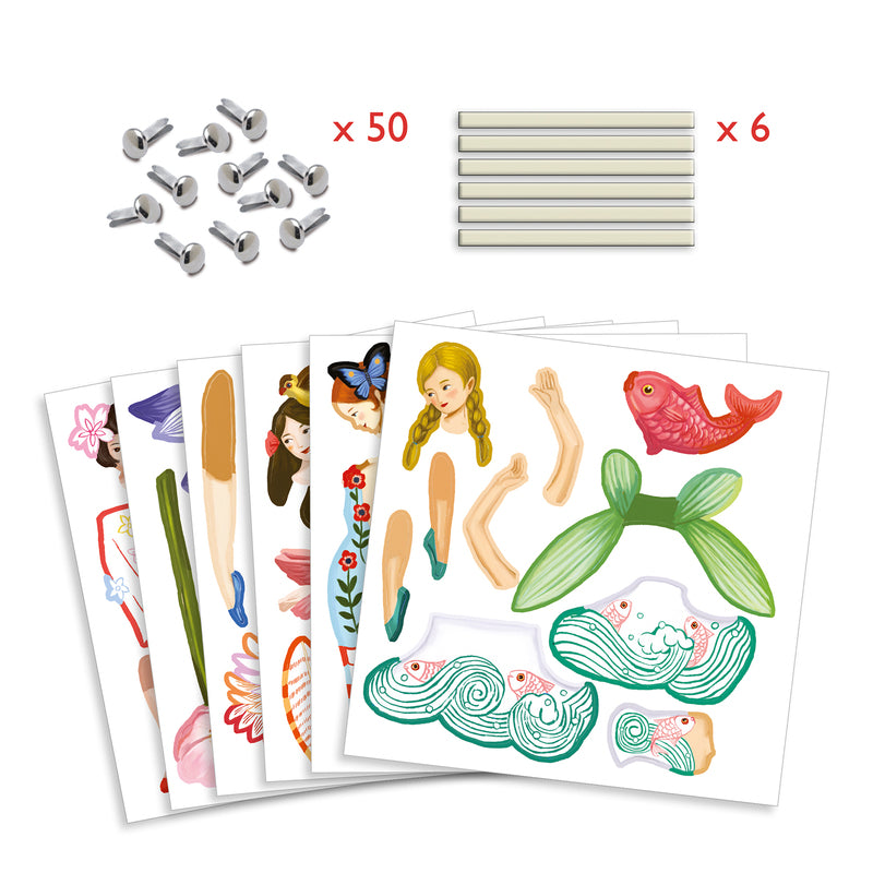 Set of temporary tattoos with various designs, including a girl, fish, and plants, on a white background.
