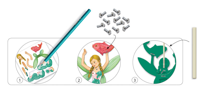 Set of craft materials including a pencil, small figurines, and printed templates for creating mermaid and fairy designs.