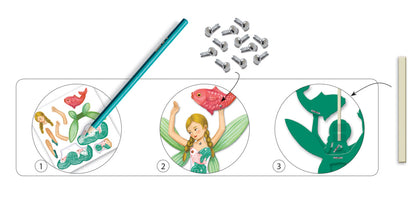 Set of craft materials including a pencil, small figurines, and printed templates for creating mermaid and fairy designs.