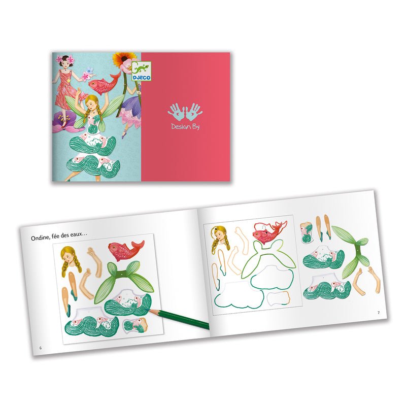 Coloring book with fairy-themed illustrations and a red cover with a logo.