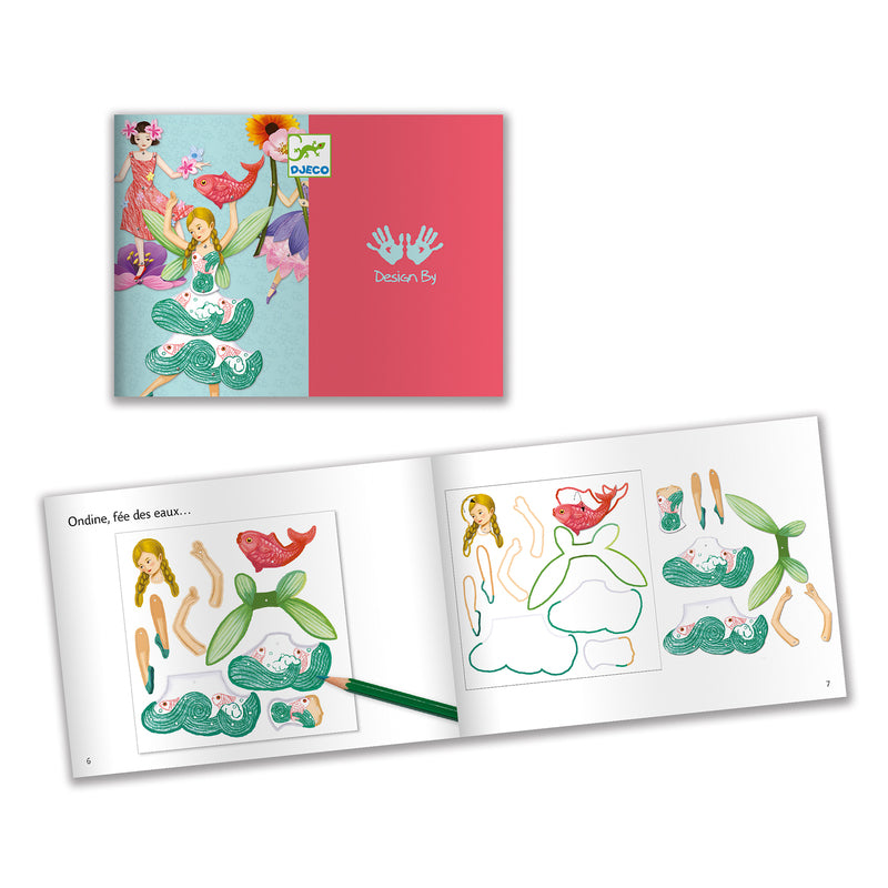 Coloring book with fairy-themed illustrations and a red cover with a logo.