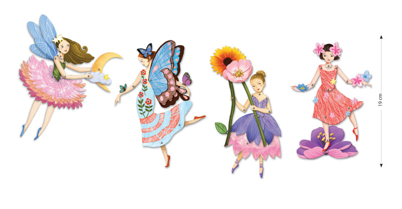 Five colorful fairy illustrations with different poses and accessories on a white background.