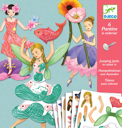 Colorable jumping jack cards with fairy designs and a pink DJECO box on a light blue background.