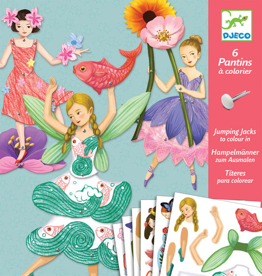 Colorable jumping jack cards with fairy designs and a pink DJECO box on a light blue background.