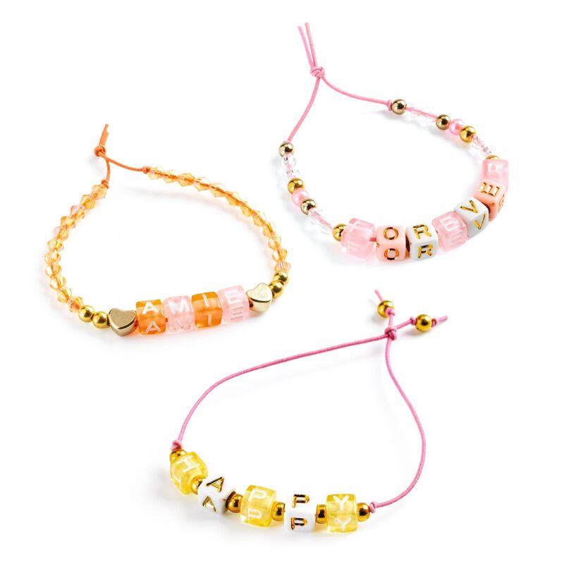 Three colorful beaded bracelets on a white background