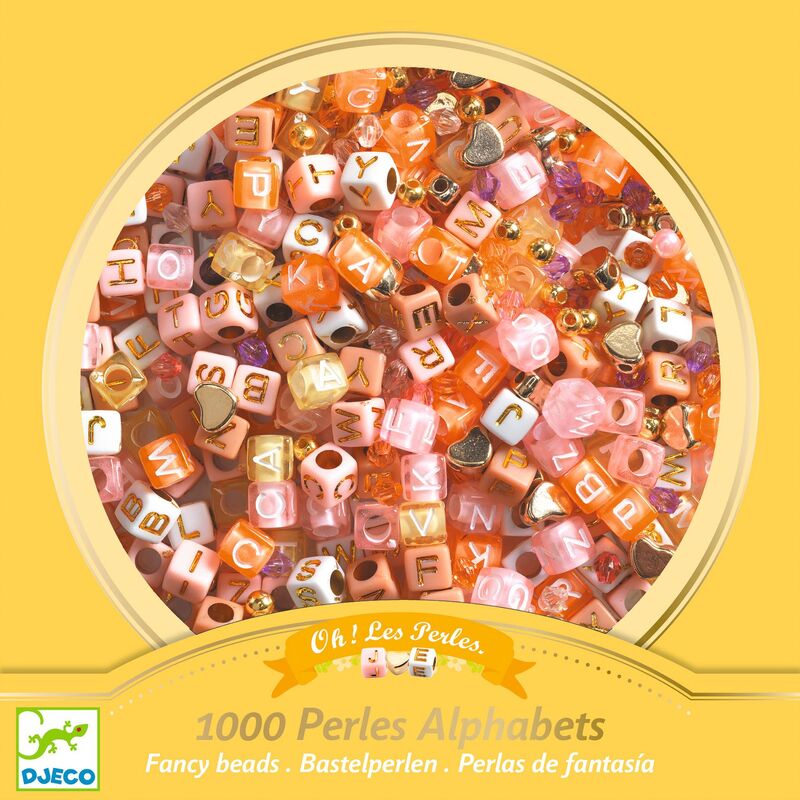 Box of alphabet beads with colorful letters on a yellow background