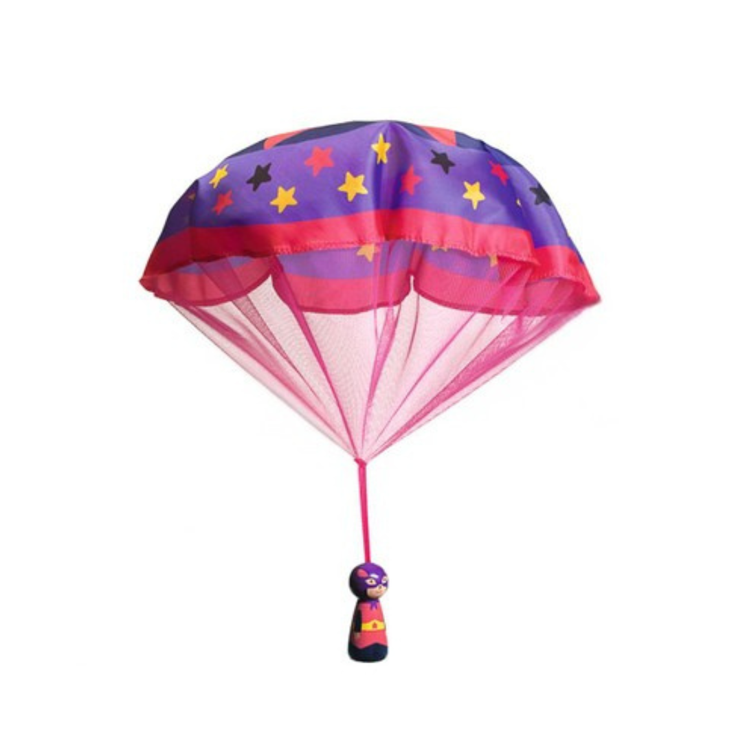 Colorful toy parachute with star patterns on a white background