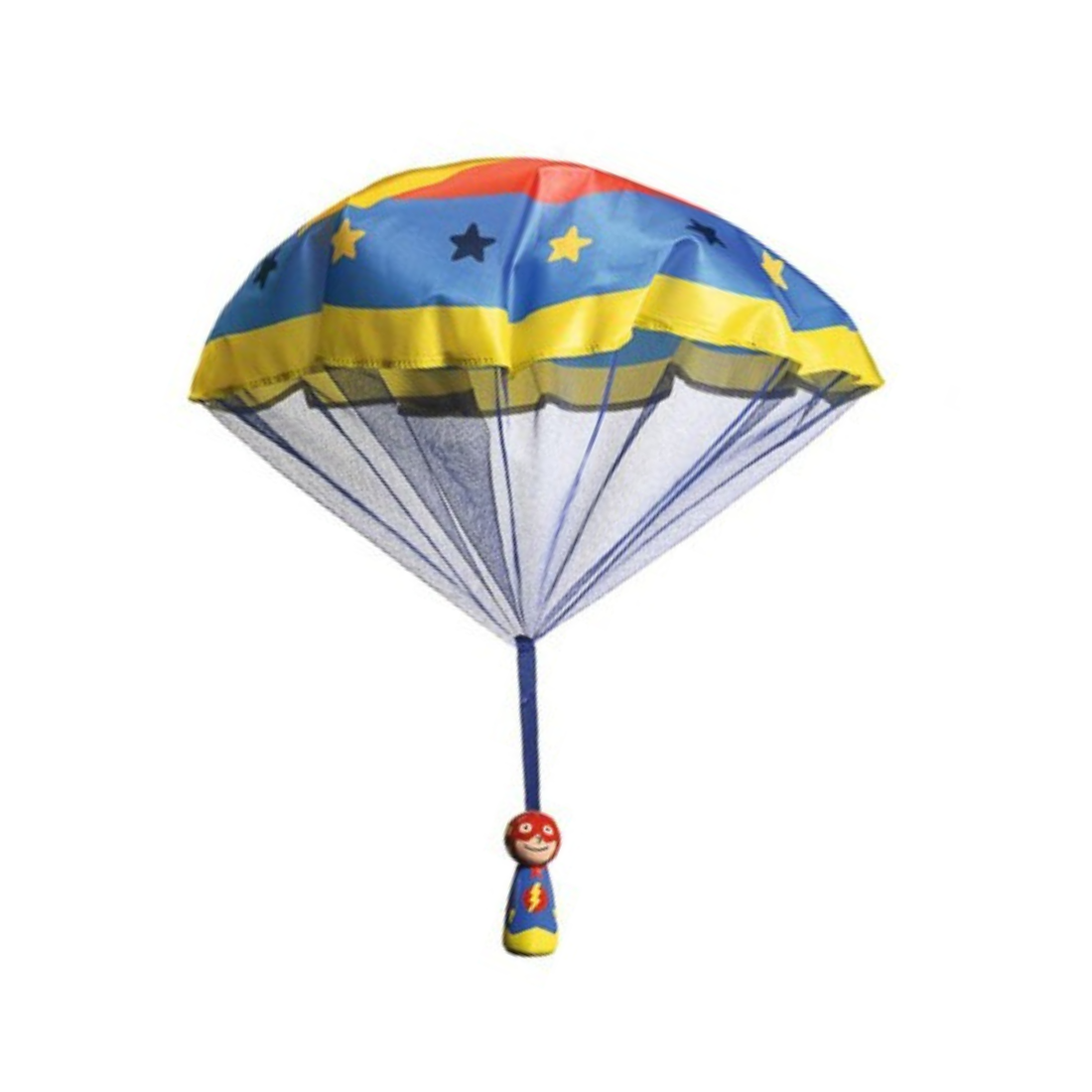 Colorful toy parachute with superhero design on a white background