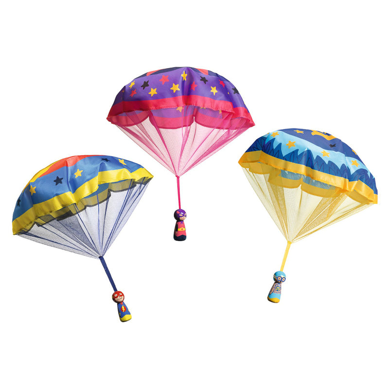 Three colorful paragliders with star patterns on a white background