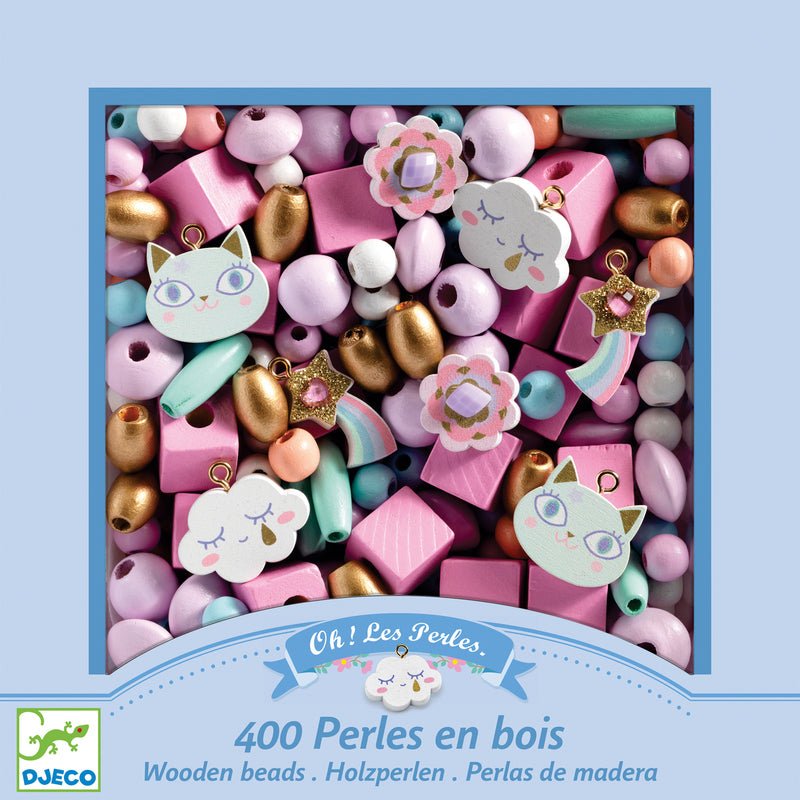 Box of wooden beads with colorful designs and DJECO branding on a light blue background