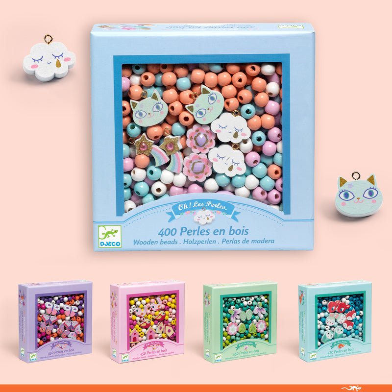 Box of wooden beads with colorful beads inside, surrounded by smaller boxes and decorative elements on a peach background.