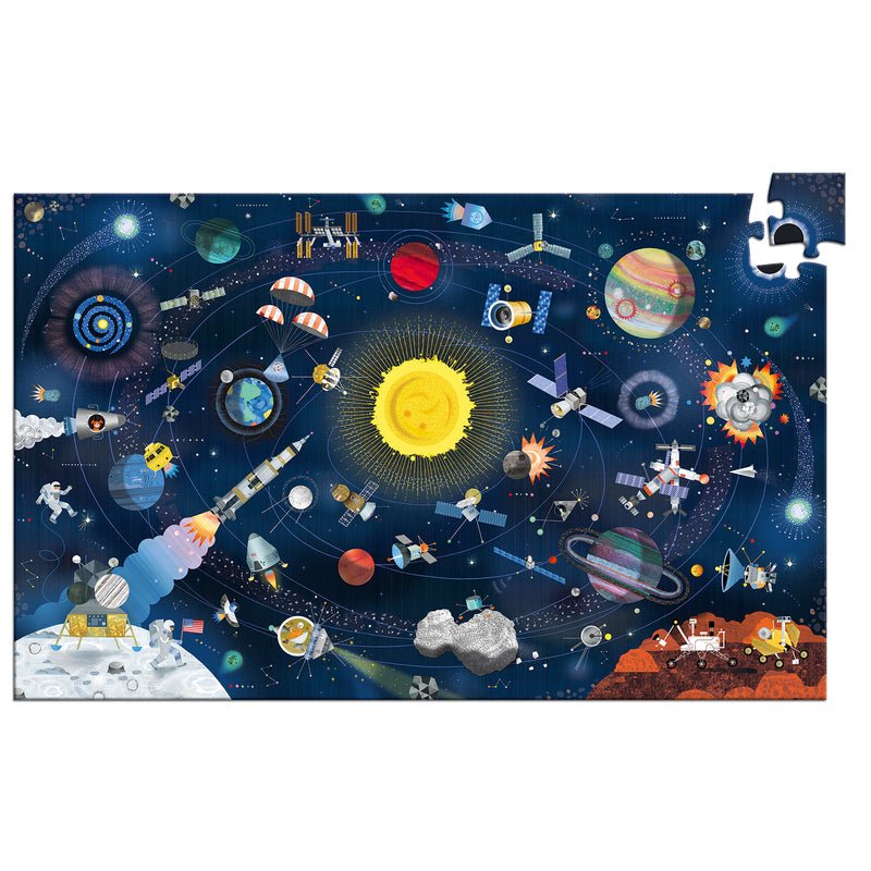 Space-themed puzzle with various space-related items on a blue background