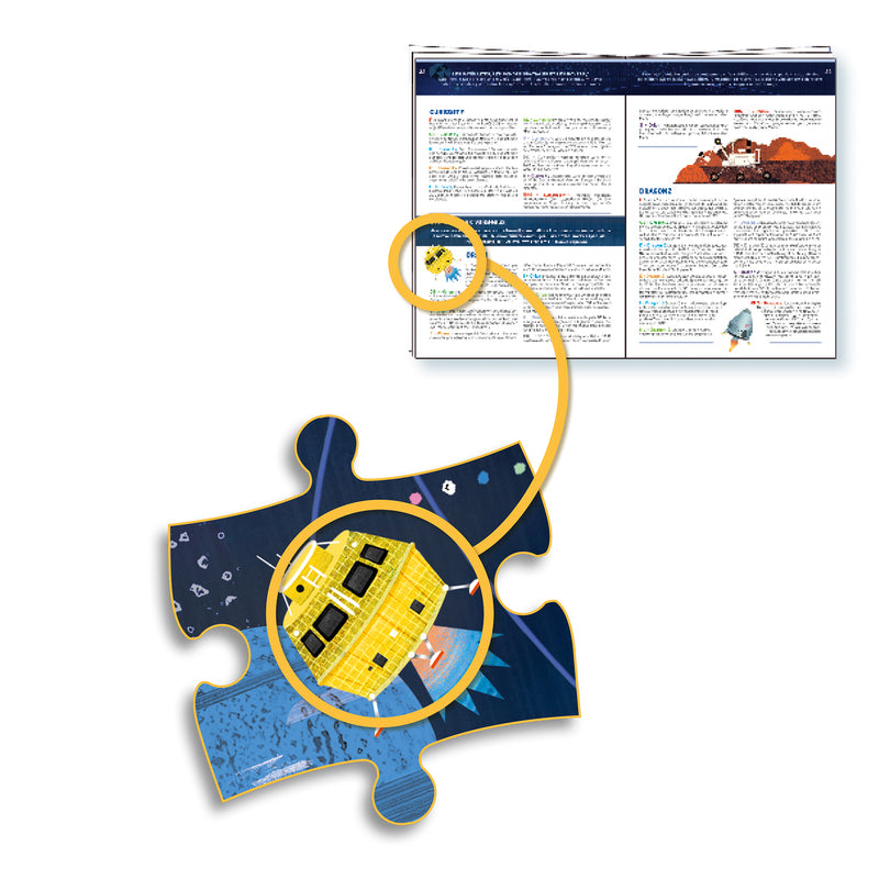 Puzzle piece with space-themed design and a guidebook in the background