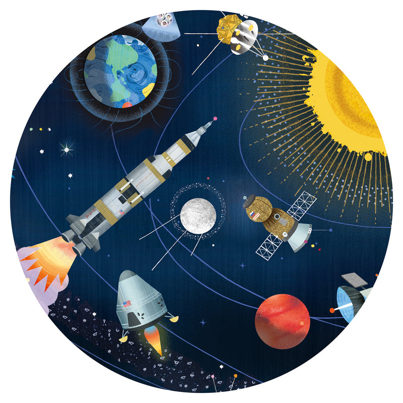 Illustration of space-themed objects including a rocket, planets, and satellites on a dark blue background.