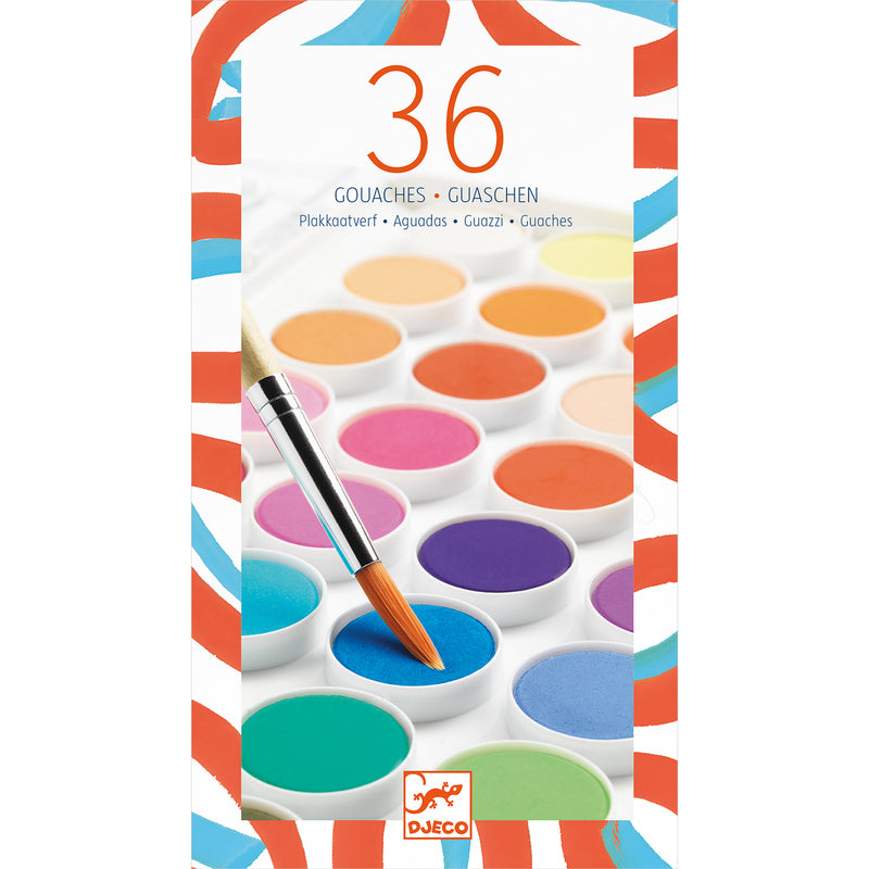 Pack of 36 gouache paints with a brush, colorful packaging, and Djeco logo.