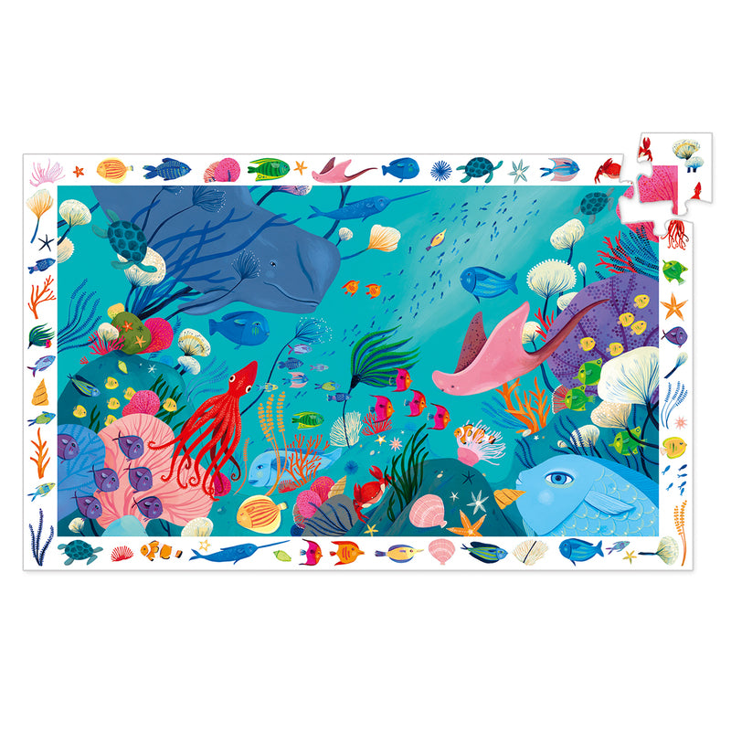 Colorful underwater scene with various sea creatures and plants on a white background