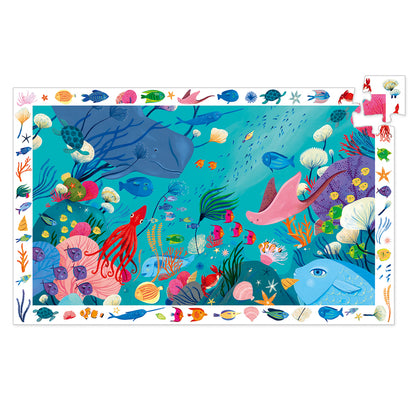 Colorful underwater scene with various sea creatures and plants on a white background