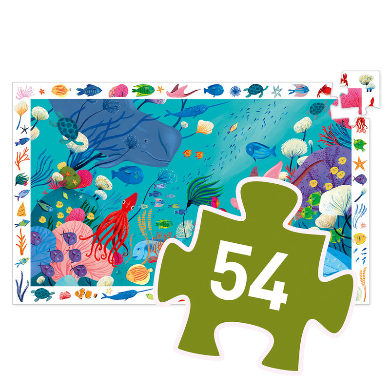 Jigsaw puzzle with an underwater scene and a piece showing the number 54.