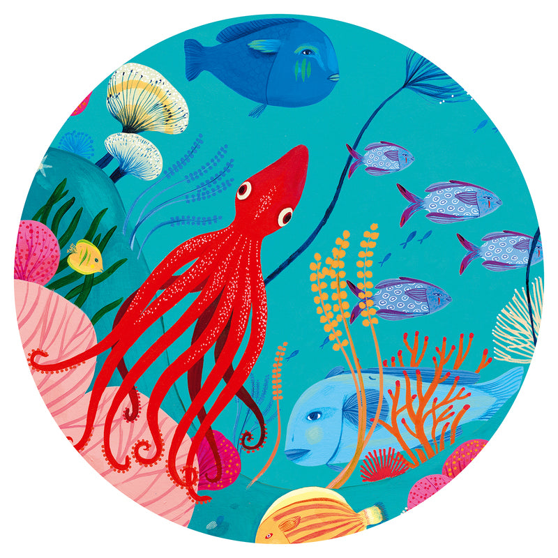 Colorful illustration of an octopus and underwater creatures on a blue background
