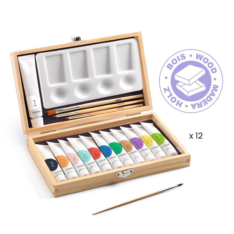 Wooden art set with paint tubes, brushes, and a palette on a white background.
