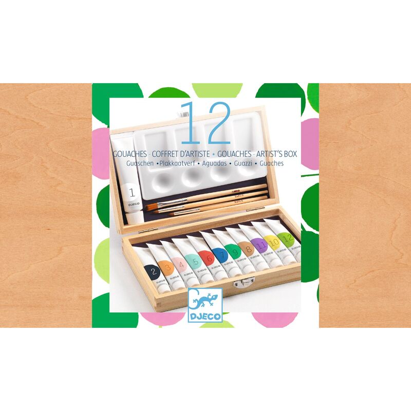 Djeco art set with gouache paints and brushes in a wooden box on a white background.