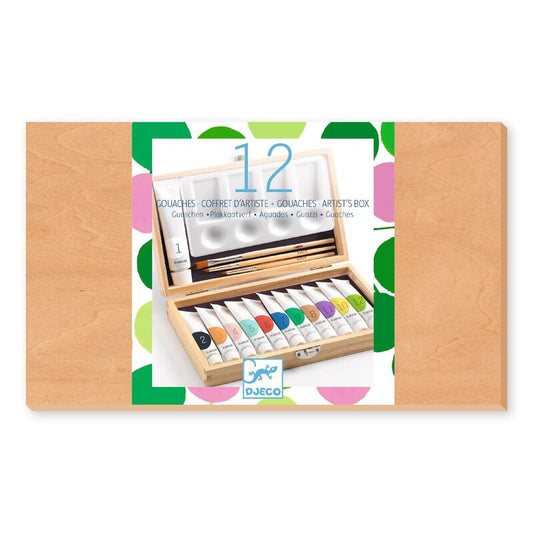 Djeco art supply set with watercolors and brushes in a wooden box on a white background