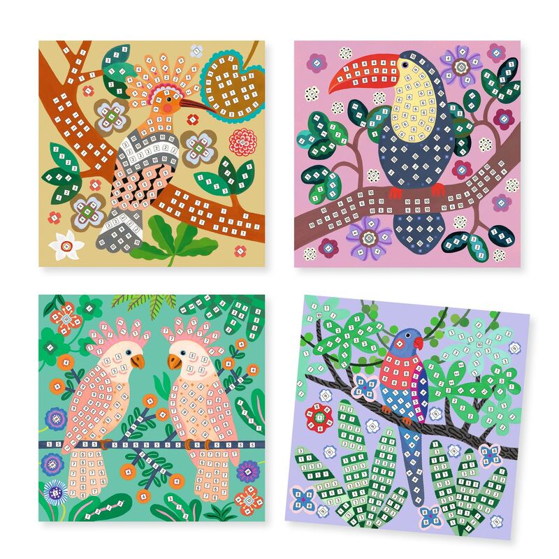 Four colorful children's artworks featuring birds and nature on a white background.
