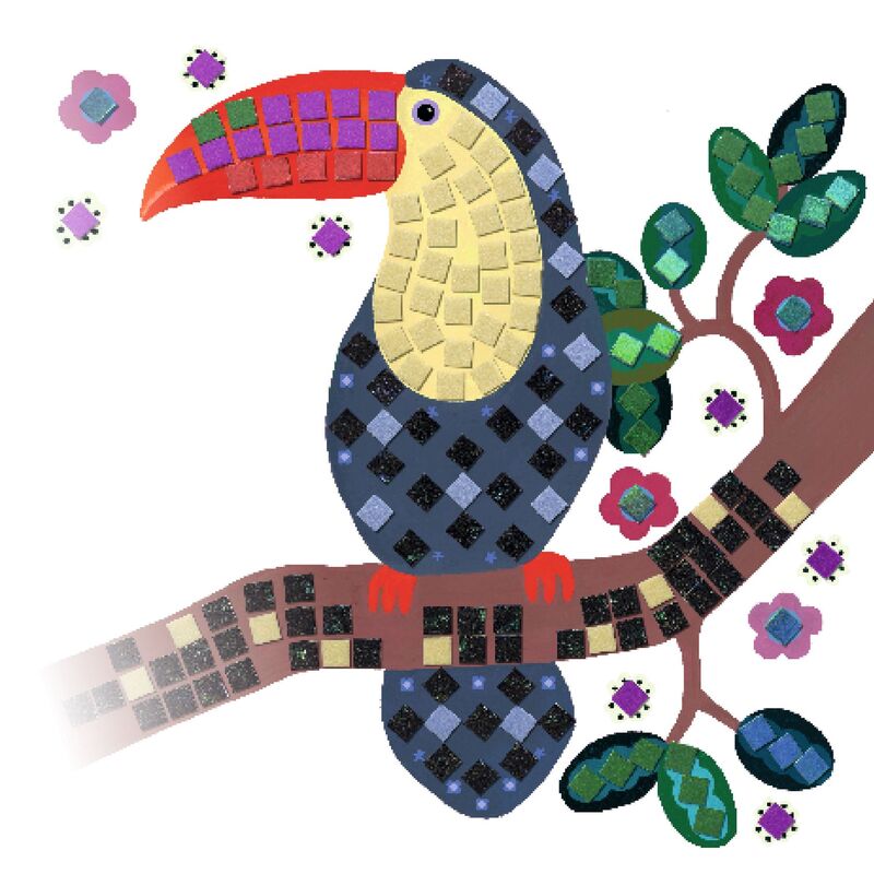 Colorful mosaic toucan on a branch with flowers and leaves.