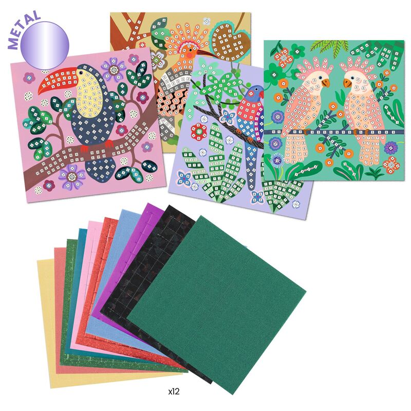 Colorful art supplies including decorated cards and a set of colored paper sheets.